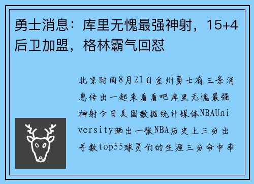 勇士消息：库里无愧最强神射，15+4后卫加盟，格林霸气回怼